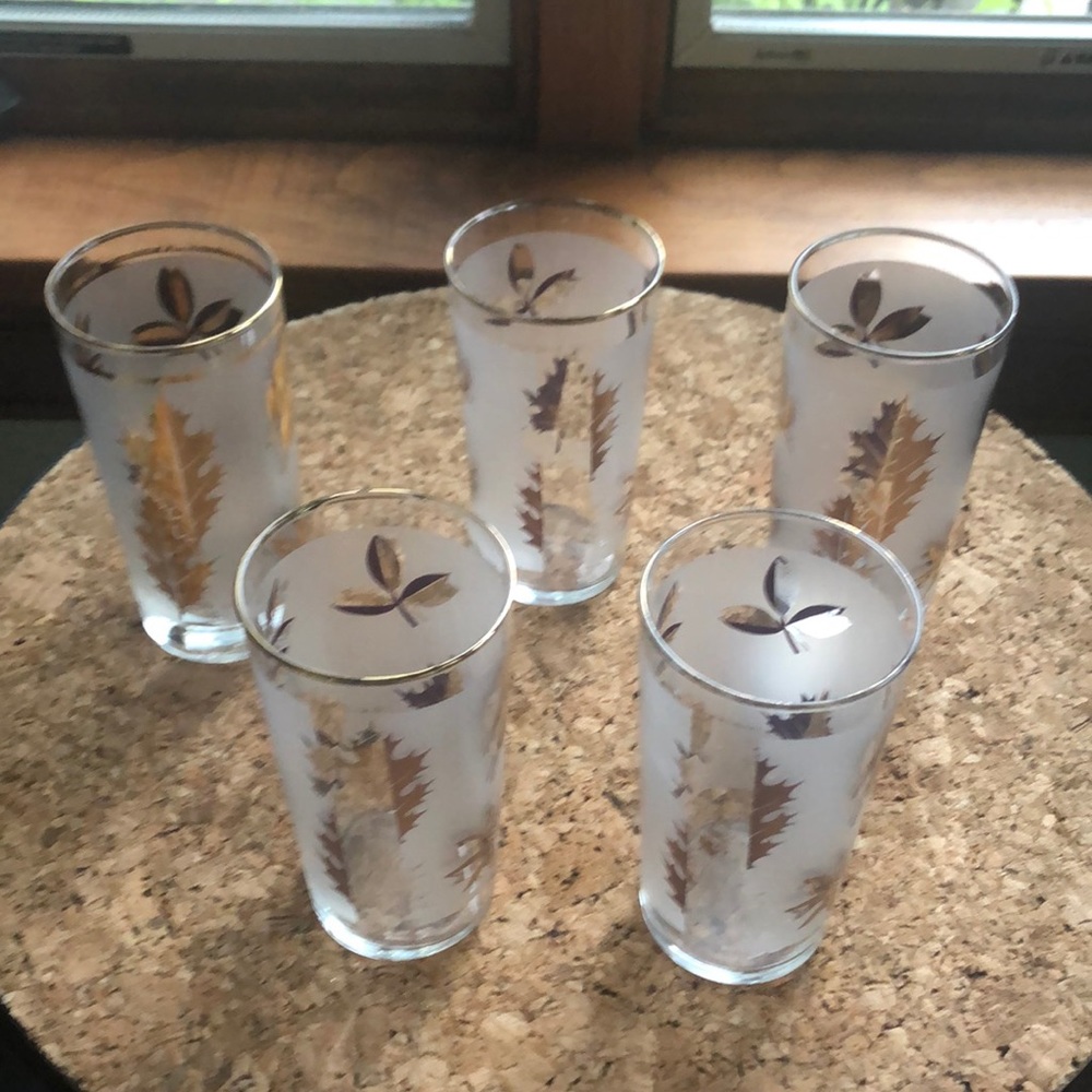 Libbey MCM vintage gold leaf frosted glasses set of 5